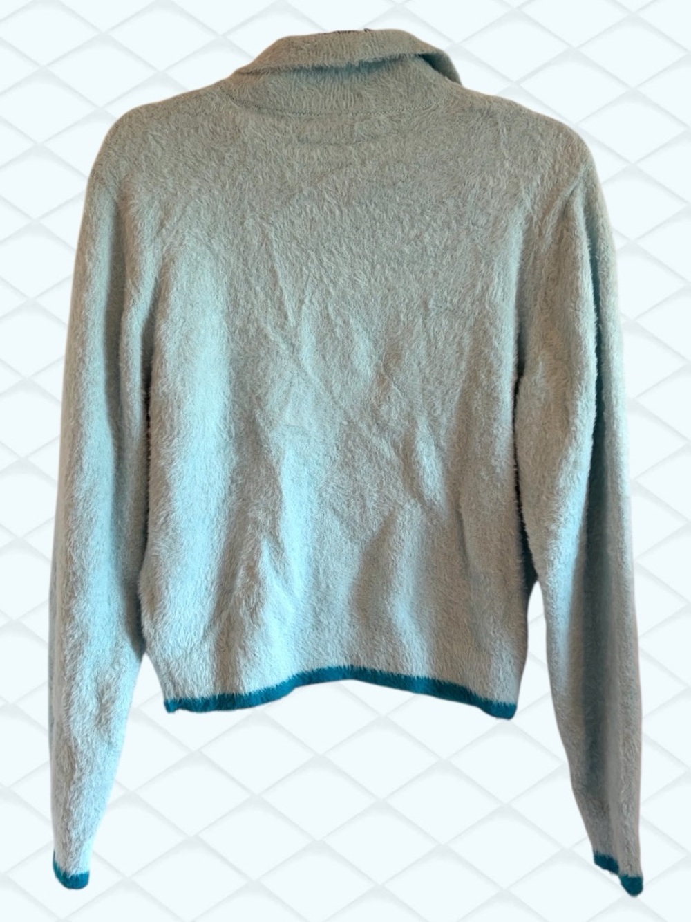 Simons Light Blue Fuzzy Polo Sweater with Teal Hem - Picture 3 of 6
